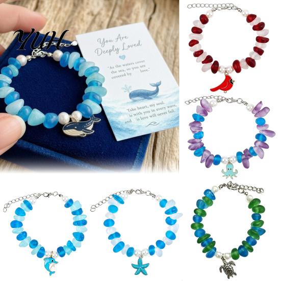 Natural Beach Glass Wristband Sea Blessing Bracelet Handmade Animal Charm Adjustable Ocean Turtle Hummingbird Jewelry Inspired Bracelets Inspirational
