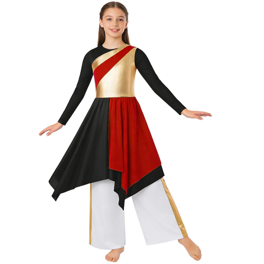 Girls Metallic Contrast Asymmetrical Hem Dress Wide Leg Pants Lyrical Praise Dance Costume Set