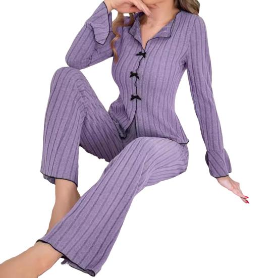 Women's Pajama Set Long Sleeve Top And Wide Leg Long Pants Lounge Set Casual Slim 2 Piece Pjs Sleepwear