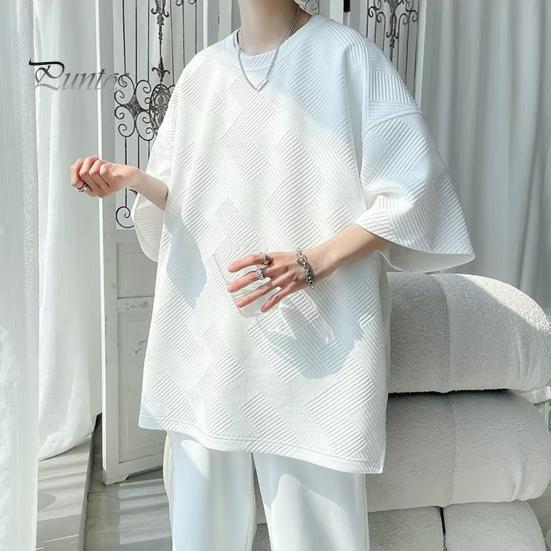 Летняя мужская футболка с круглым вырезом, свободная средней длины, сплошной цвет, вафельная текстура, плюс размер, половина рукава, уличная одежда в японском стиле, топ на открытом воздухе