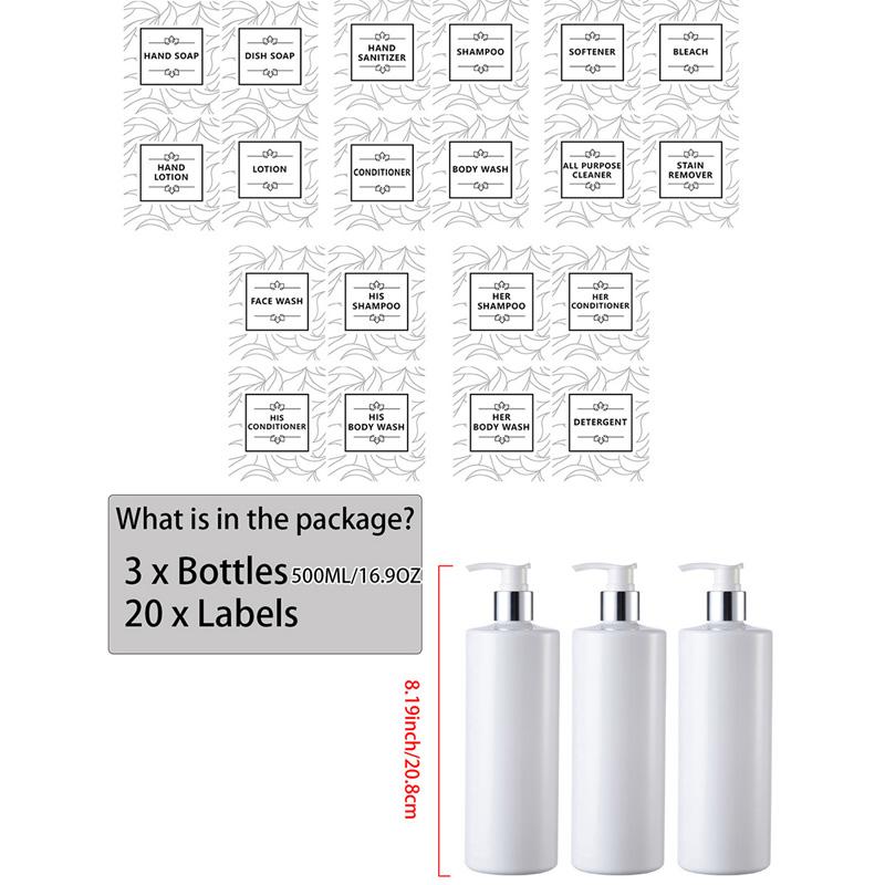 Многоразовая круглая бутылка с насосом, 500 мл, с водонепроницаемыми этикетками для кухни, ванной комнаты, бутылки для шампуня и кондиционера в отеле