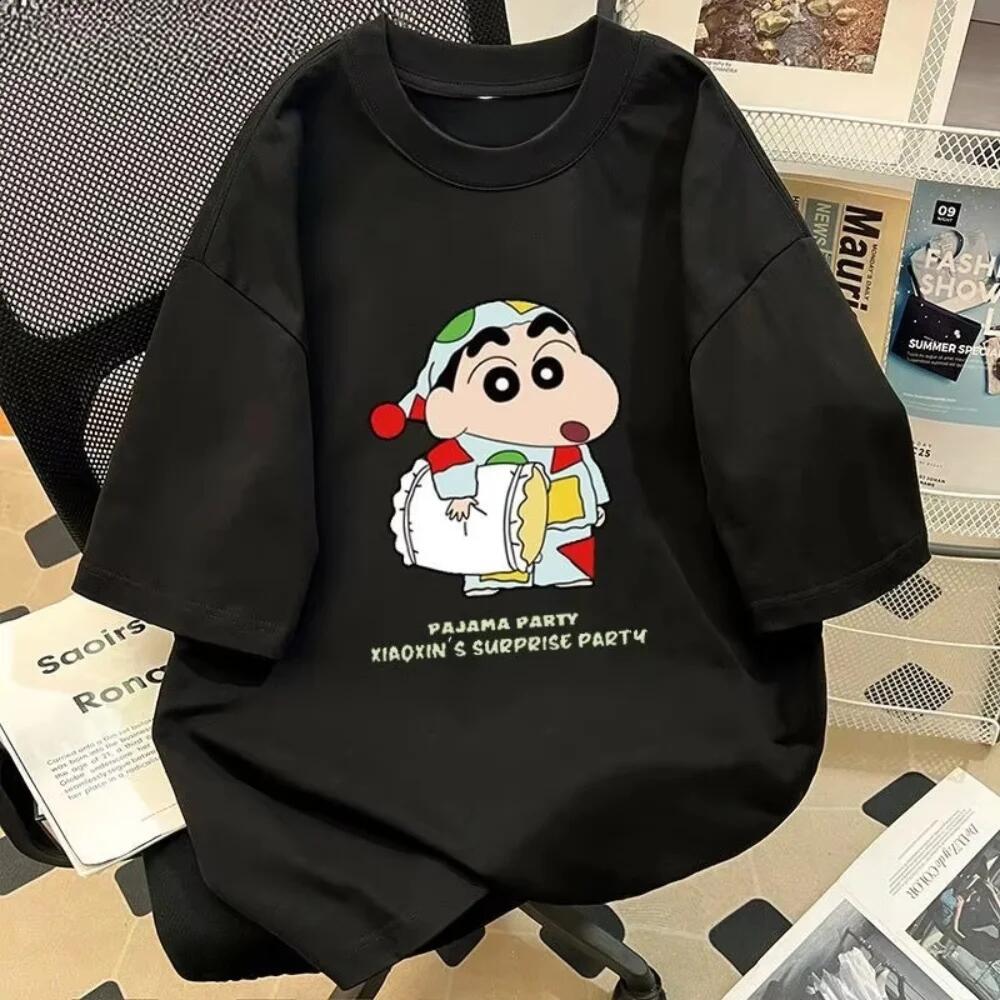 American Street Style Crayon Shin Chan Print T Shirt Unisex Summer Loose Pure Cotton Short Sleeve