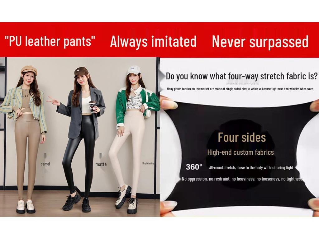Женские кожаные брюки с высокой талией и подкладкой из флиса из овечьей шерсти: Утягивающие, Ветрозащитные, Теплые леггинсы