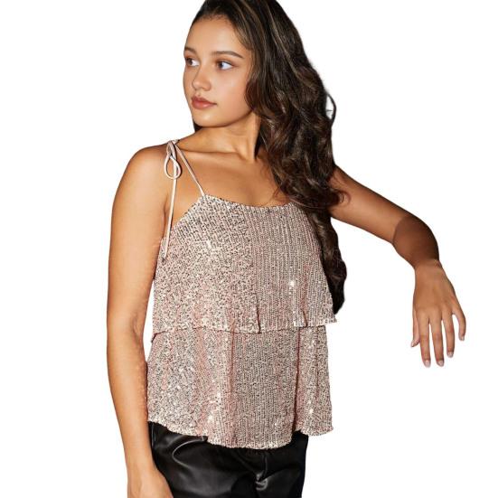 Сексуальный топ-майка на бретелях, двухслойный, с блестящими пайетками, женский, с блестящими деталями, обычный
