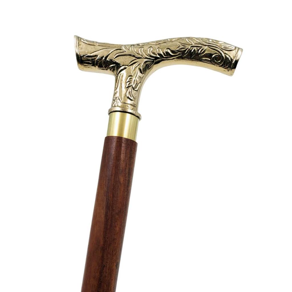 Brass Royal Handle Royal Special Carving Design Wood Walking Stick Cane 3 Fold Open Nautical Vintage Style