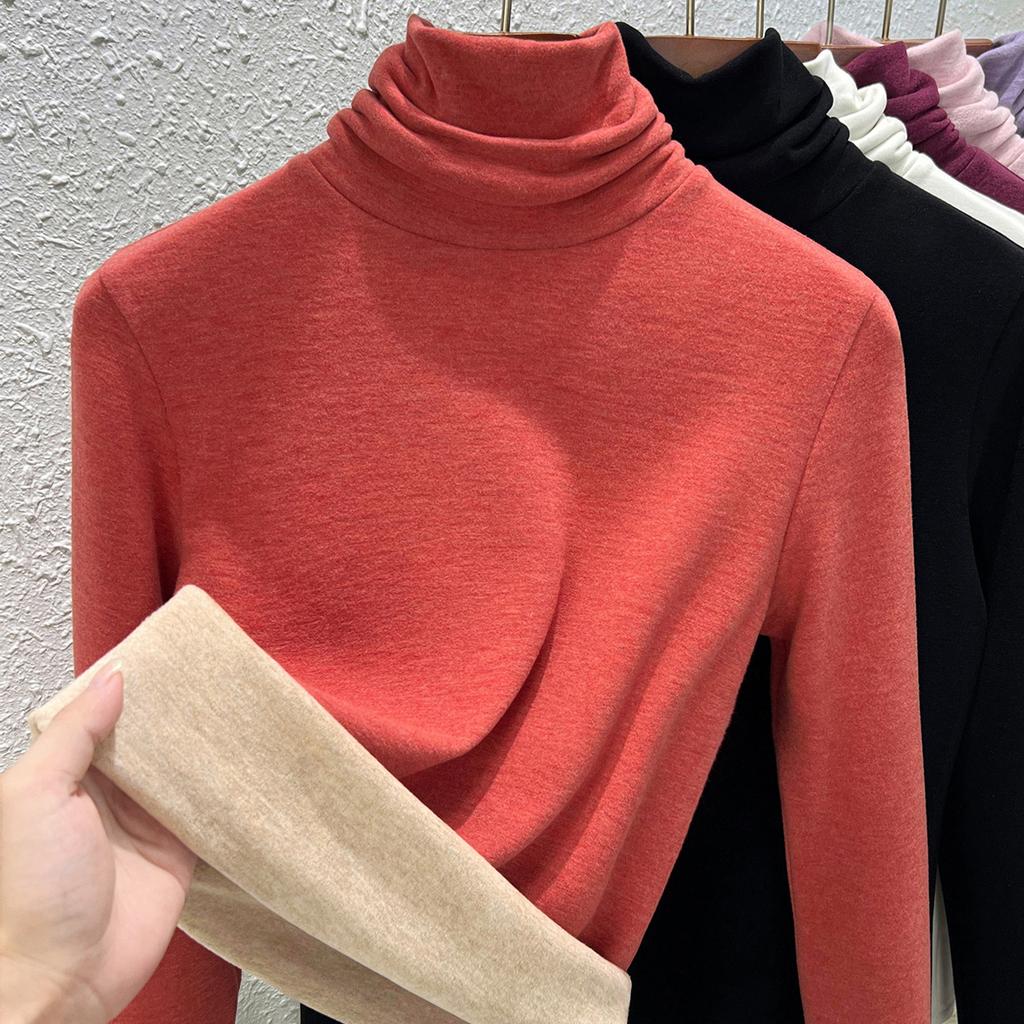 Autumn and Winter Women's Clothing Containing Wool and Silk Bottoming Shirt Women's Inner Heating Fleece Warm Turtleneck Top with Fleece and Thicker
