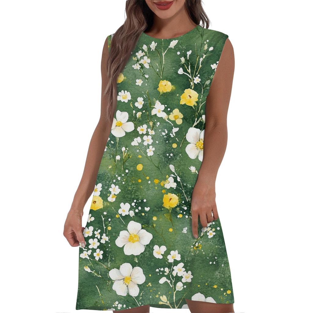 Женское повседневное и модное платье средней длины с круглым вырезом и без рукавов с принтом