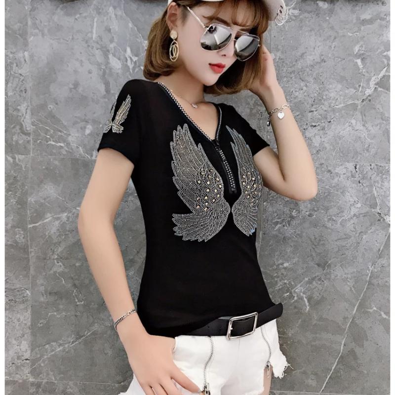 Уличная одежда Хип-хоп Футболка с коротким рукавом и крыльями Женская V-образный вырез Молния Сексуальная Бриллианты Повседневные Футболки Femme Бриллианты Хлопок Девушка Футболка Топы