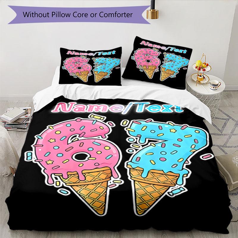 3PC Custom Name Dessert Ice Cream Celebration Bedding Set Printed Bedding Set Duvet Cover Closure Includes 1 Duvet Cover & 119 Pillowcases for Bedroo