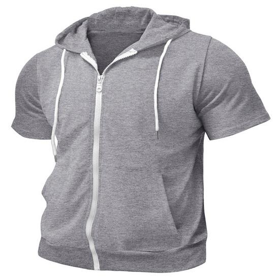 Мужская футболка с капюшоном на молнии, летняя футболка с коротким рукавом, однотонная футболка с полной молнией и карманами для повседневных занятий спортом, уличного спорта, спортзала