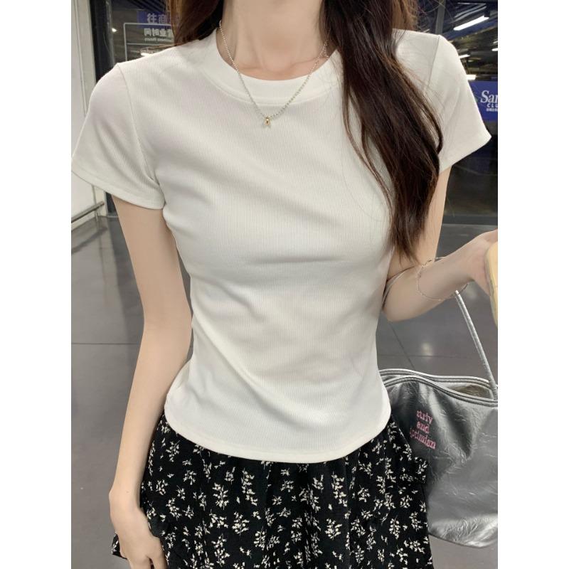 Футболка с короткими рукавами спереди на плече, летняя, новая, облегающая и маленькая, черная, короткая, для женщин