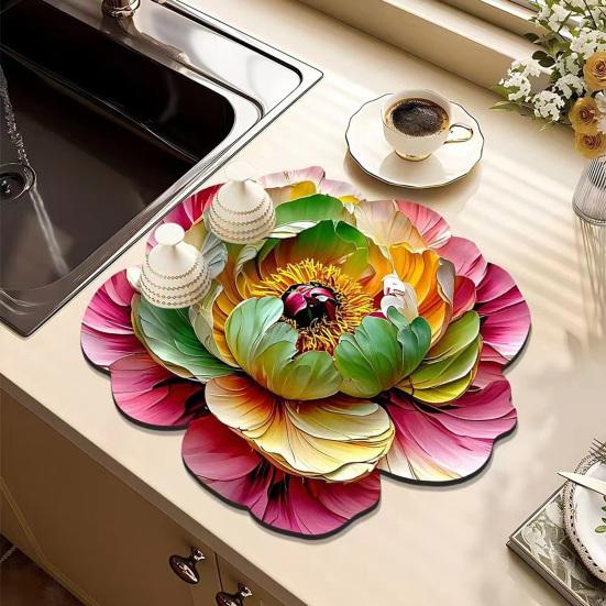 3D Dish Drying Mat Absorbent Kitchen Drying Mat Floral Reusable Washable Dish Drying Pad Non-slip Dish Rack Mats for Kitchen Counter