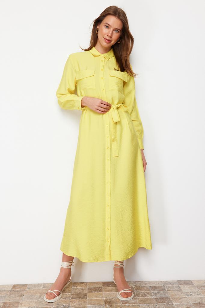 Women's Fashion New Hijab Dress Cinnamon Waist Elastic Belted Pocket Detailed Woven Dress