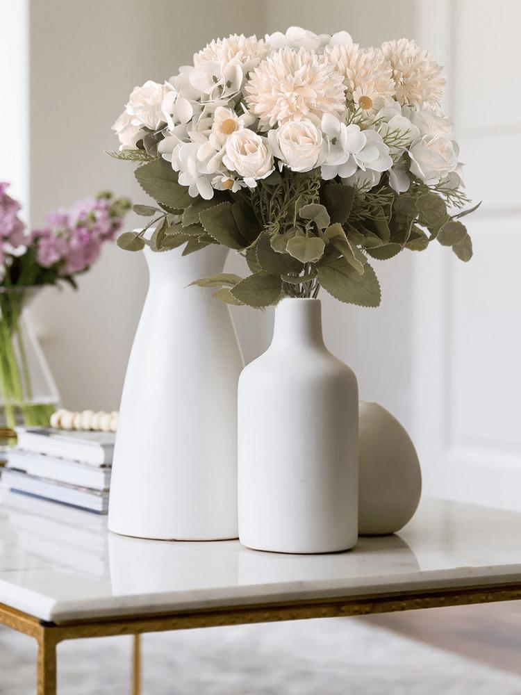 4 Packs Fake Roses Artificial Hydrangeas Artificial Silk Daisies Bouquets Fake Flowers for Kitchen Garden Table Centerpieces Home Wedding Decor