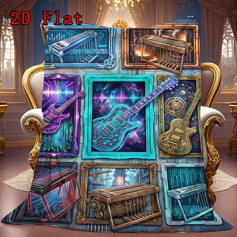 Futuristic Musical Instruments 2D Flat Pattern Flannel Blanket, High quality All Seasons, Home Decor, Warmth and Comfort, Perfect for Christmas Gifts.