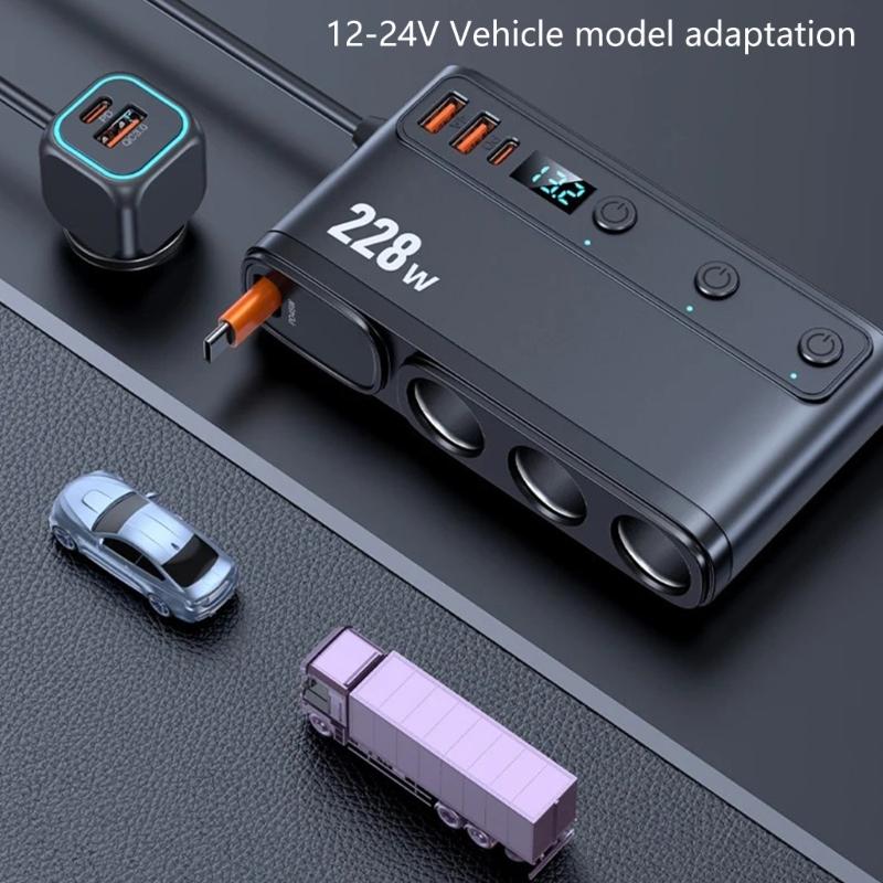 Автомобильный разветвитель для одновременной зарядки, выход 228 Вт, QC3.0, PD45 Вт, с телескопическим USB C кабелем, светодиодный монитор аккумулятора