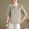 Футболка однотонная с вышивкой в китайском стиле, женская рубашка свободного кроя с короткими рукавами в стиле ретро