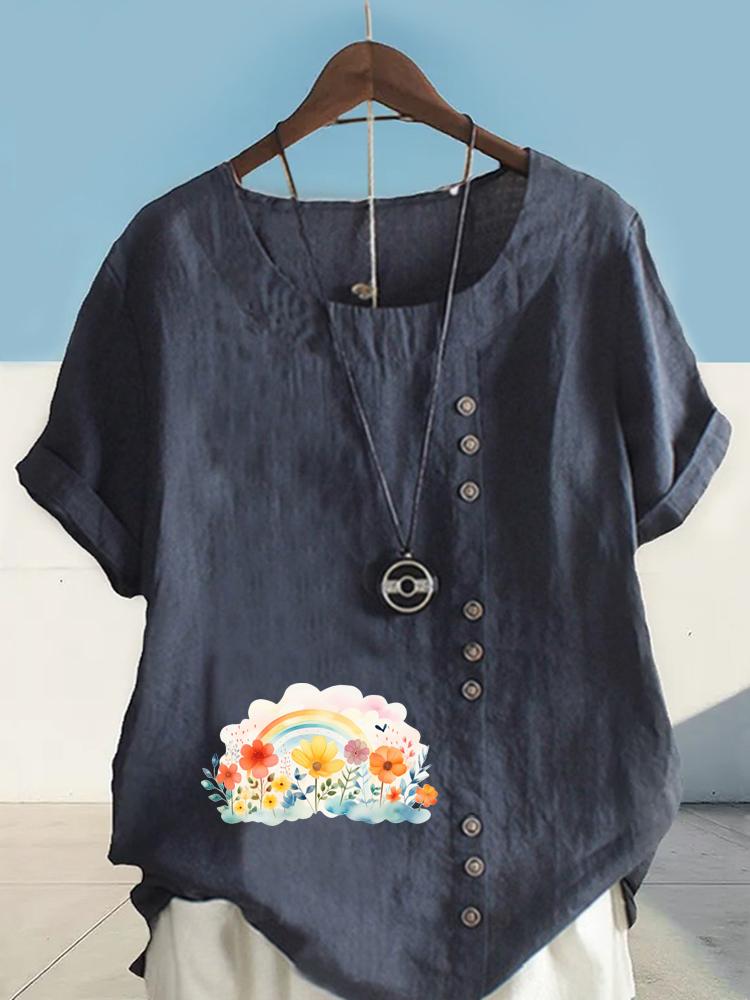Women's Fashion Rainbow Flower Clusters Printing Shot Sleeve T-shirt Loose Cotton Shirt Casual Loose Summer Blouse Tops Plus Size