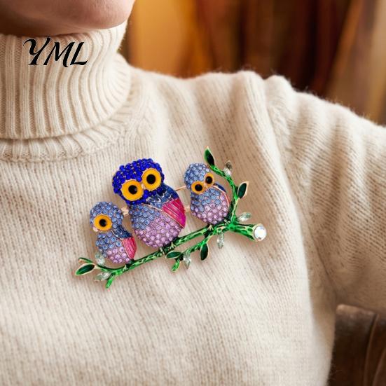 Rhinestone Owl Pins Family Brooch, Bird on Branch Lapel Pin, Decorative Accessory Metal Suit Pin for Suits Coats Scarves Bags, Jewelry Gift