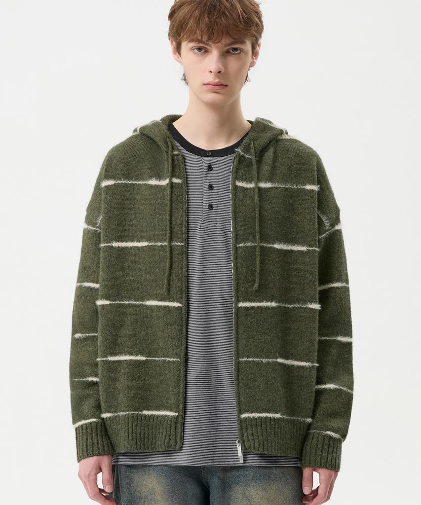 TRILLION Washable Wool Hairy Stripe Hooded Zip-Up Knit_Khaki
