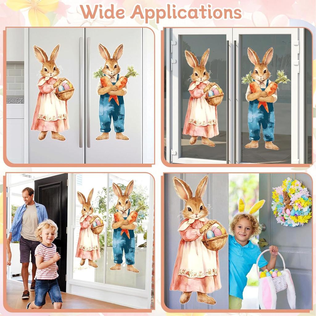 CHUNNIN 2Pcs Extra Large Easter Bunny Window Clings Spring Easter Window Decorations Vintage Easter Window Stickers Farmhouse Rustic Rabbit Carrots