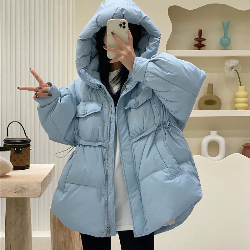 Милая короткая куртка-пуховик женская зимняя 2024 года, новая мода, дизайн с завязками, белое утепленное пальто на утином пуху