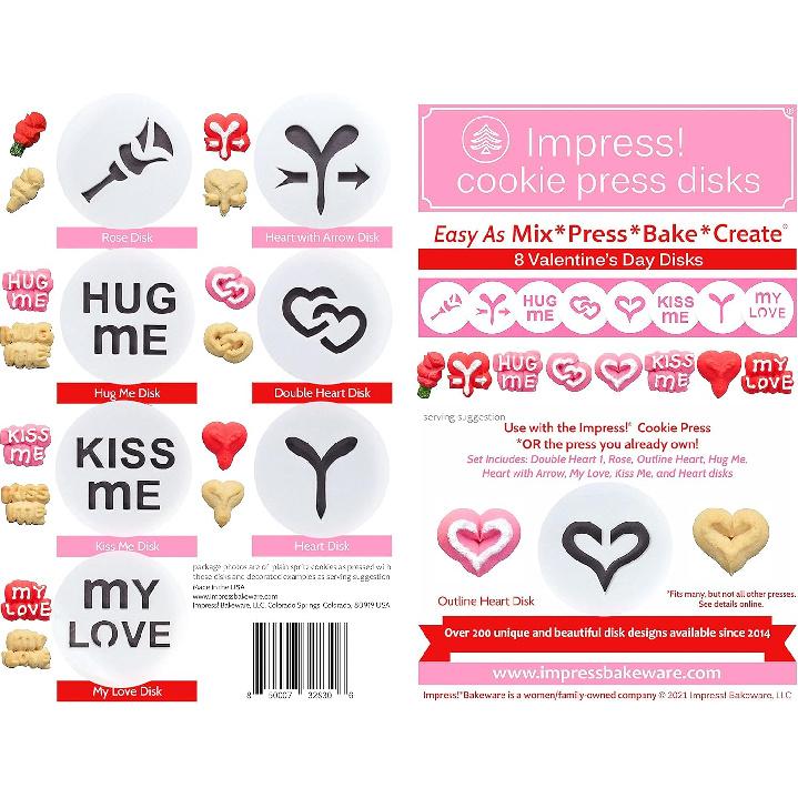 Impress Cookie Press Disks – Valentine’s Day Set of 8, Food Safe Plastic Shapes w/Outline Heart, Hug Me, & More, Fits Many Manual Models - See