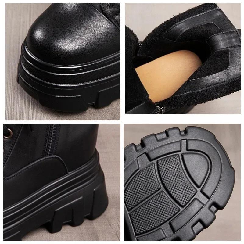 Fashion Brown 7CM Genuine Leather Synthetic Cushioned Autumn Women Spring Durable Ankle Boots Platform Wedge Winter Plush Spring Shoes