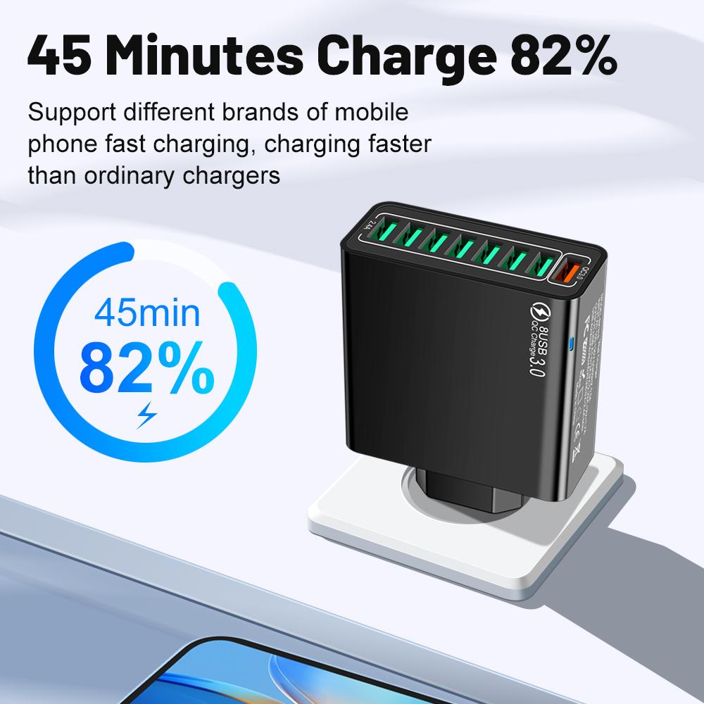 Total 65W 8 In 1 USB Phone Charger Wall Adapter For iPhone 15 14 Pro Max Xiaomi Samsung Phone Charger