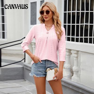 Весенне-летняя женская футболка с жаккардовым v-образным вырезом и рукавом семь четвертей, свободные топы