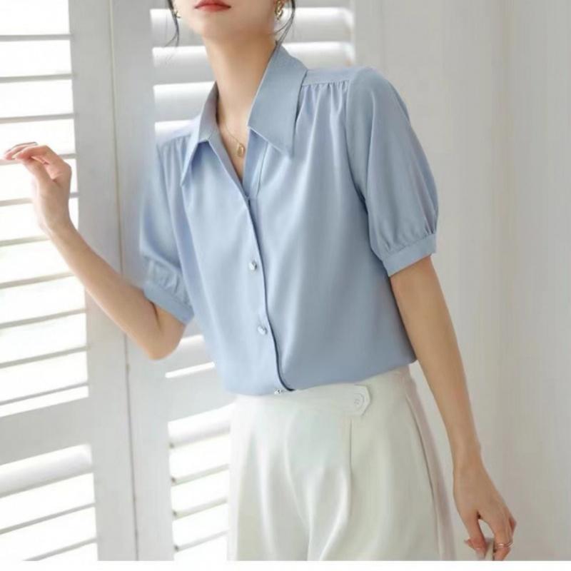 Синяя рубашка с короткими рукавами, женская летняя рубашка с V-образным вырезом, профессиональный темперамент, формальное платье, свободный топ с рукавами-фонариками