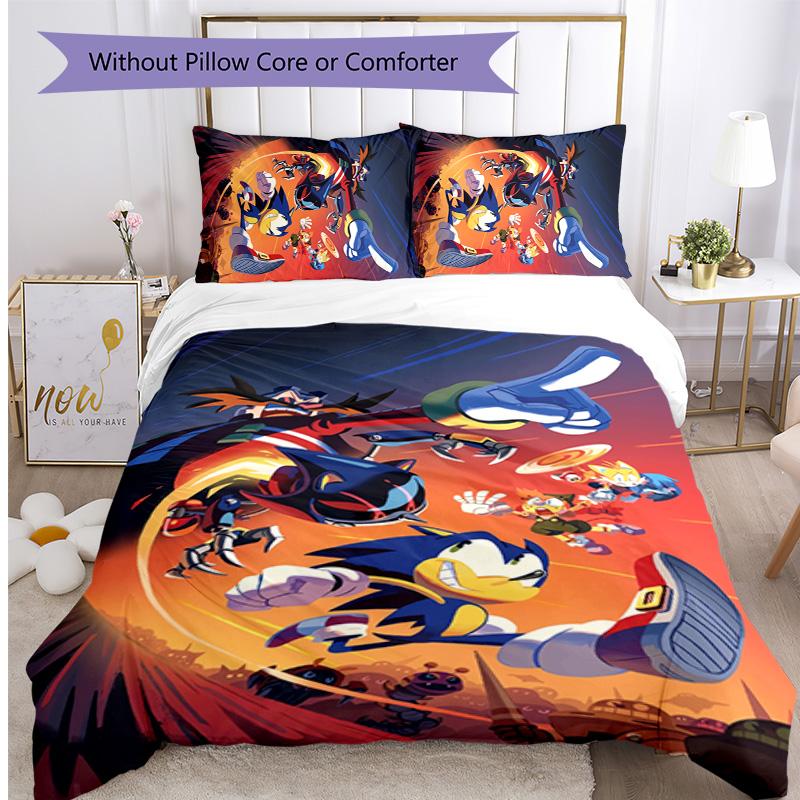 Sonic Pattern Printed 3PCS Bedding Set, Soft Skin-Friendly Washable Duvet Cover & Pillowcases Set