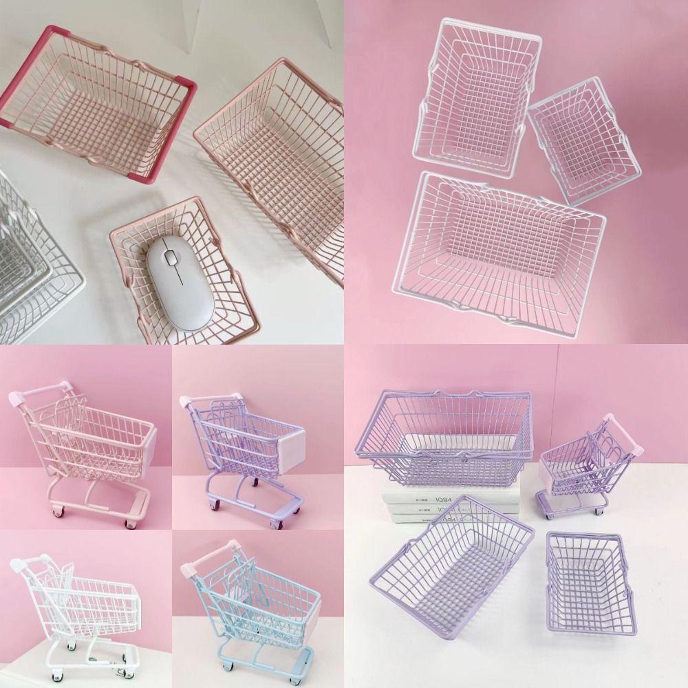Model Mini Storage Basket Metal Toy Trolley Container Portable Shopping Cart Storage  Desktop