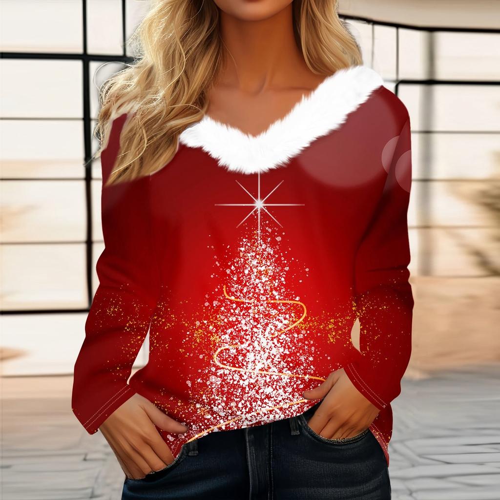 Рубашки с длинным рукавом для женщин Милые топы Рождественские принты Футболки Блузки Повседневные топы больших размеров Базовые топы Пуловеры