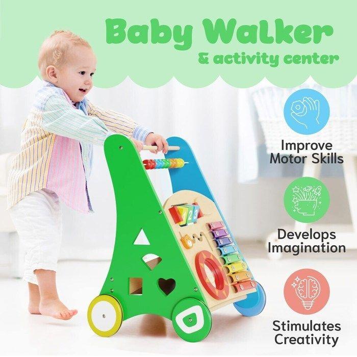 Trotteur en Bois GINGER HOME avec Activités, Xylophone et Trieur de Formes, 35,1x31,3x46 cm
