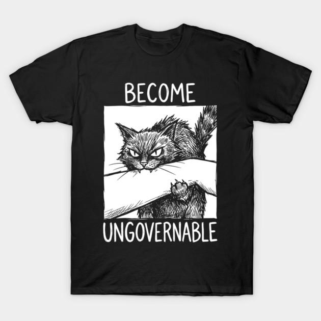 Asian Size Men Black Print T-shirt Become Ungovernable Cat Bite Chaos Funny Meme No-Cut Print Cotton Tshirt