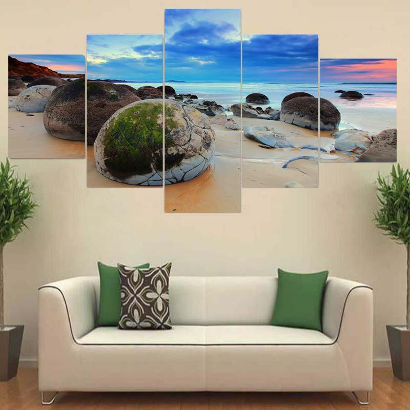 5 панелей Морской пейзаж Морской большой круглый камень Красочное небо Холст Картина Плакаты и принты Настенная картина Домашний декор без рамки