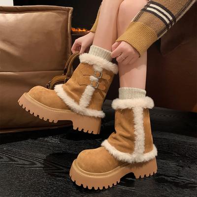 Зимние женские сапоги-дутики средней высоты на толстой подошве, новинка 2025 года, с интегрированным флисом и мехом, теплые шерстяные хлопковые ботинки «Алтай»