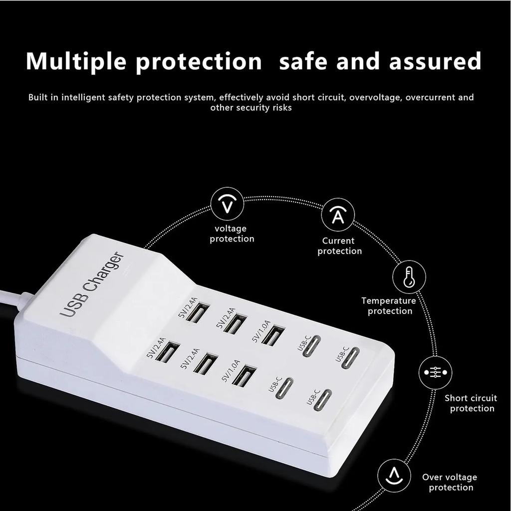 10-портовая зарядная станция USB 50 Вт/10 А, многопортовый концентратор USB C, зарядное устройство для сотового телефона, планшета, нескольких устройств, удлинитель