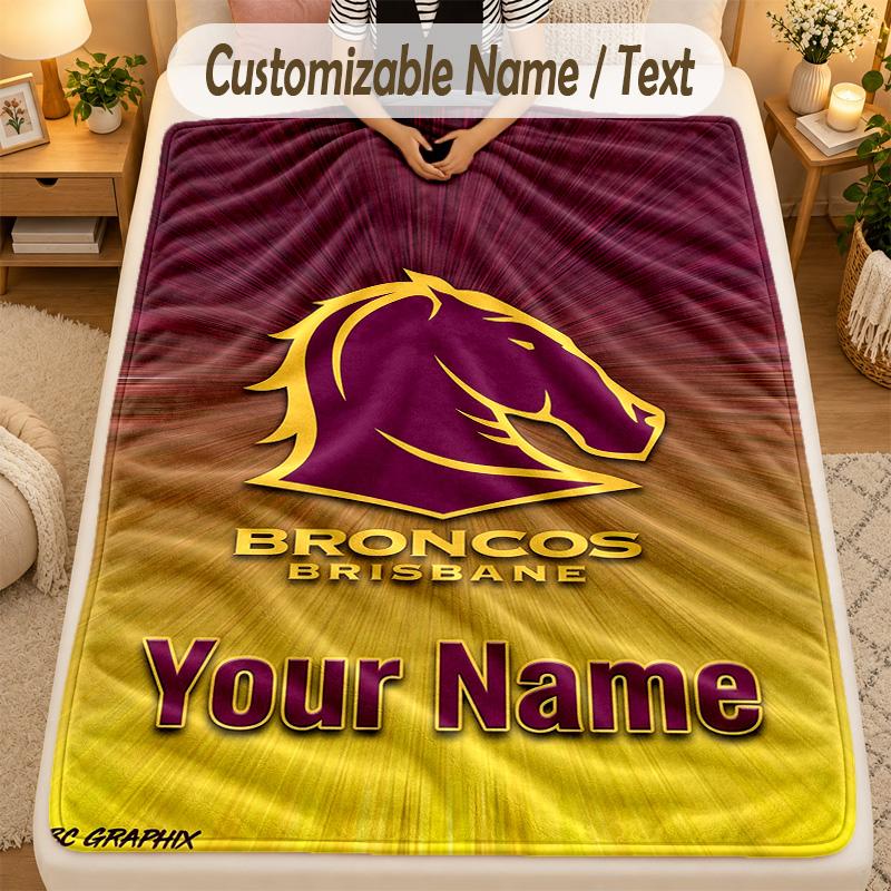 Flannel BlanketBrisbane Broncos Custom Name Text Personalized Soft Warm Throw Blanket Home Decor Gift