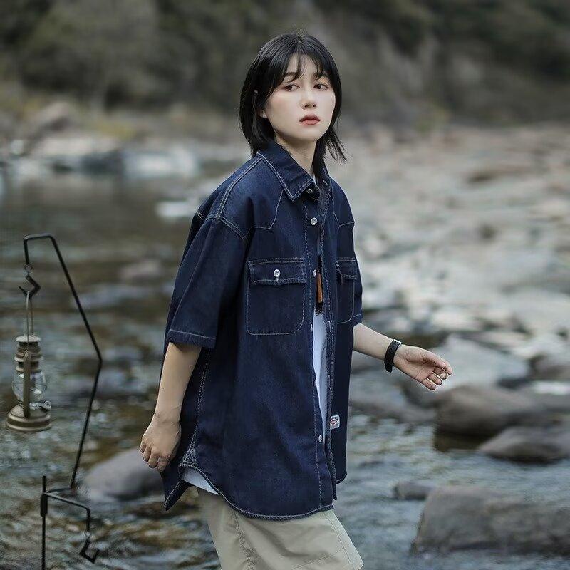 Японский ретро модный бренд летняя свободная джинсовая рубашка с короткими рукавами художественная молодежная рабочая рубашка мужская и женская многослойная куртка