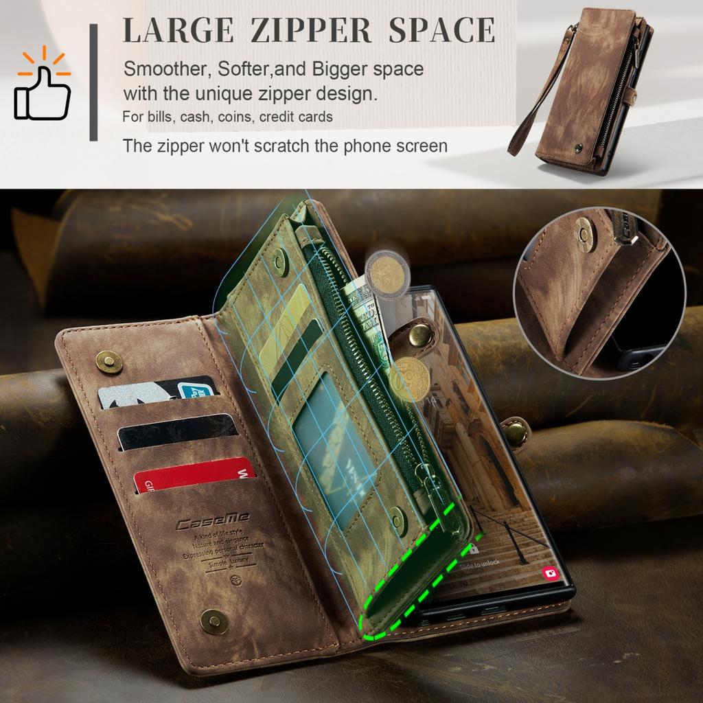 Чехол для Samsung Galaxy из кожаного материала с большими скрытыми отделениями для карт и противоударной защитой, дизайн 2-в-1, застежка-молния