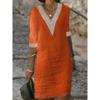 Women's Solid Color V-neck Fashionable Casual Mid Sleeve Cotton Linen Dress