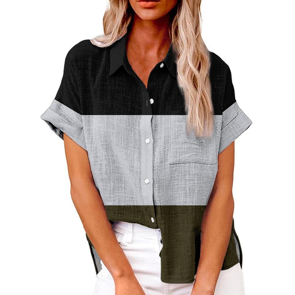 Женская модная свободная повседневная рубашка с короткими рукавами и отворотами на пуговицах с принтом и карманной футболкой Топ