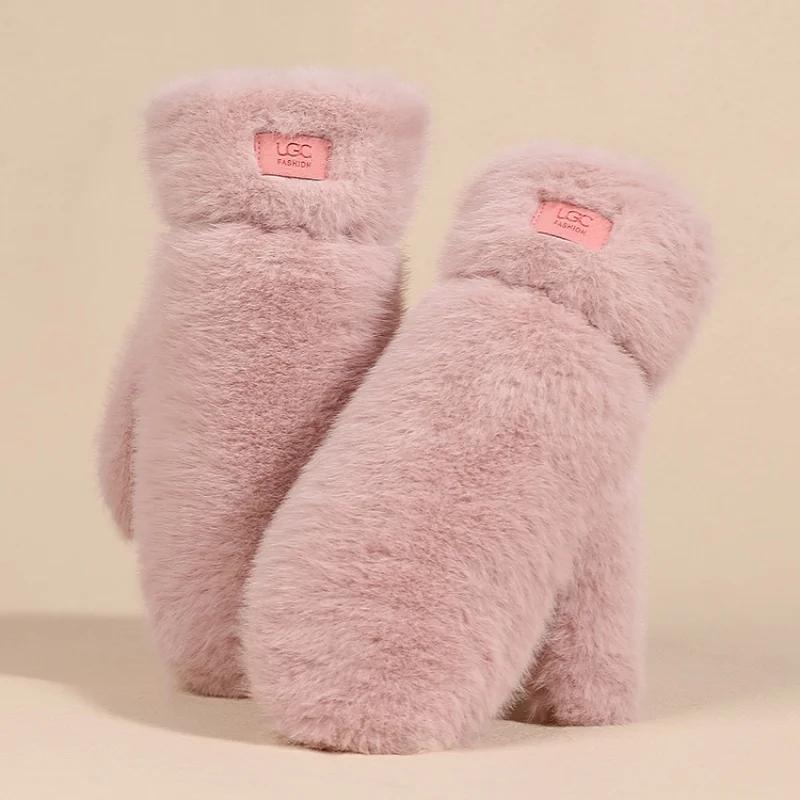 Перчатки из искусственного кроличьего меха женские зимние перчатки ветрозащитные плюшевые толстые теплые плюс кашемировые перчатки мягкие перчатки-митенки с полными пальцами