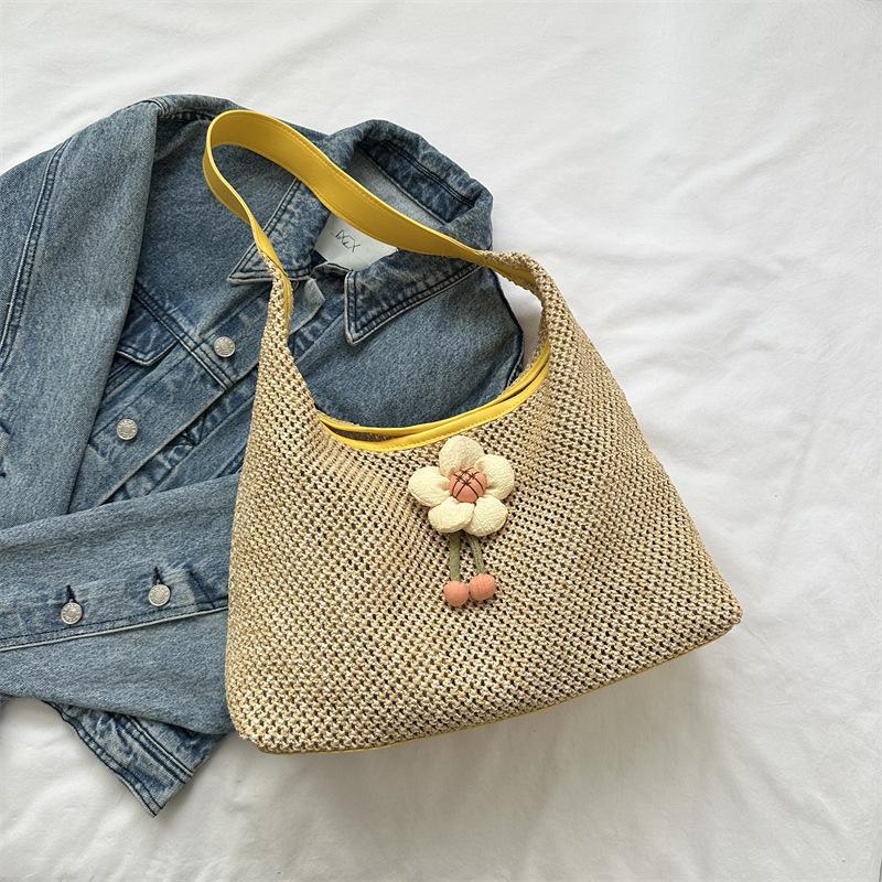 2024 Летняя цветочная плетеная сумка через плечо: Большая вместимость, элегантная сумка-тоут для женщин