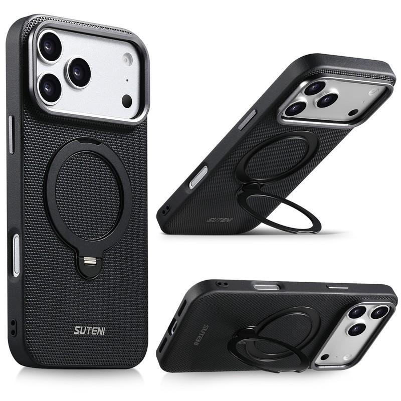 Magnetic 360 Rotating Metal Bracket Case For Magsafe For iPhone 17 13 14 15 16 Pro Max Triangle Leather Metal Buttons Back Cover