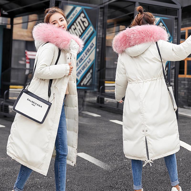 Women Winter Large Fur Collar Down Cotton Padded Jacket Coat Parkas Long Hooded Full Sleeve Zipper Pocket Loose Warm Thick Loose Solid Color