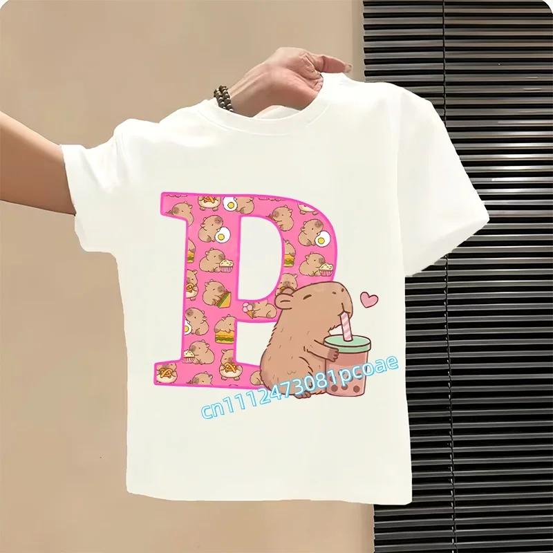 Capibara Cute T-shirt Kids Anime Capybara Letter A-Z Tees Girls Summer Short Sleeve Polyester Tops Children Clothes Gift Hot Sales