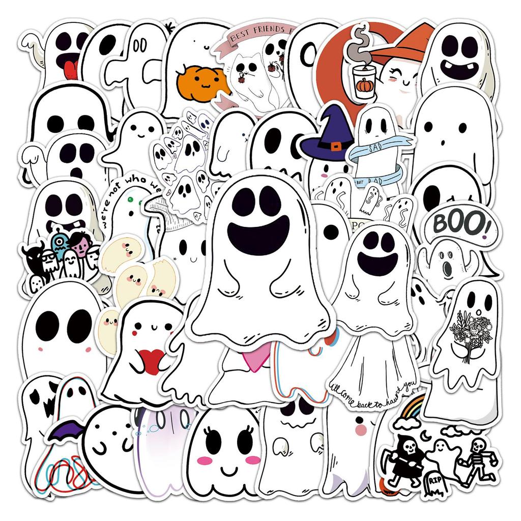 50 Cute Ghost Graffiti Stickers for Halloween Decoration: Perfect for Skateboards, Notebooks, Water Bottles, and Suitcases